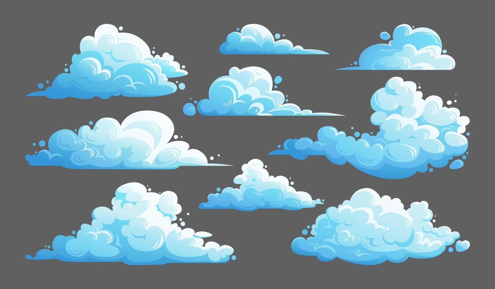 Cartoon cloud set. Fluffy cumulus clouds collection isolated on a gray background. Flat illustration of cloudscape elements for banner design, flyers, covers, and websites. Cloudy day. vector