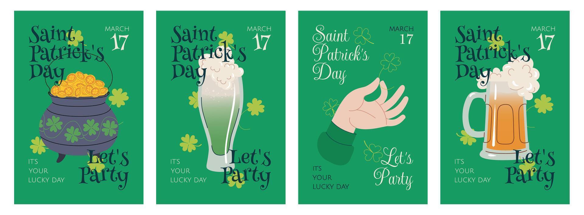 St. Patrick's Day party banners. Saint Patrick day template for party invitation, flyer, card. Irish green compositions with luck clover, beer mug, shamrock, pot with gold coins. Cartoon illustration. vector