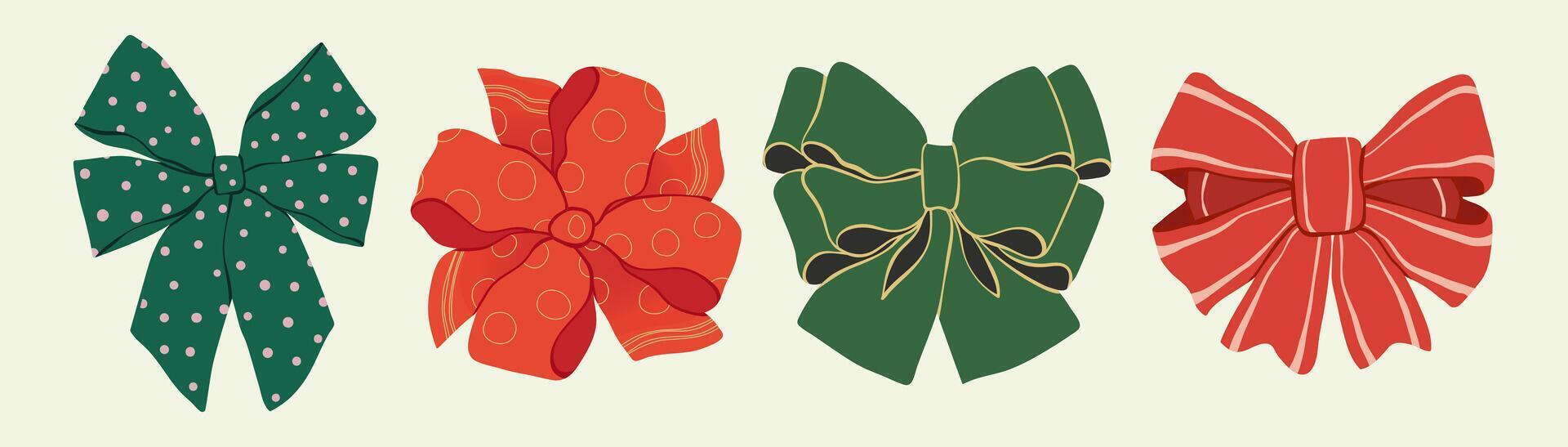 Colorful ribbon bow set flat illustration. Hand-drawn cartoon bows for gift wrapping. Various bow knots for Christmas, New Year, holiday celebration, birthday gift box, card, party decorations. vector