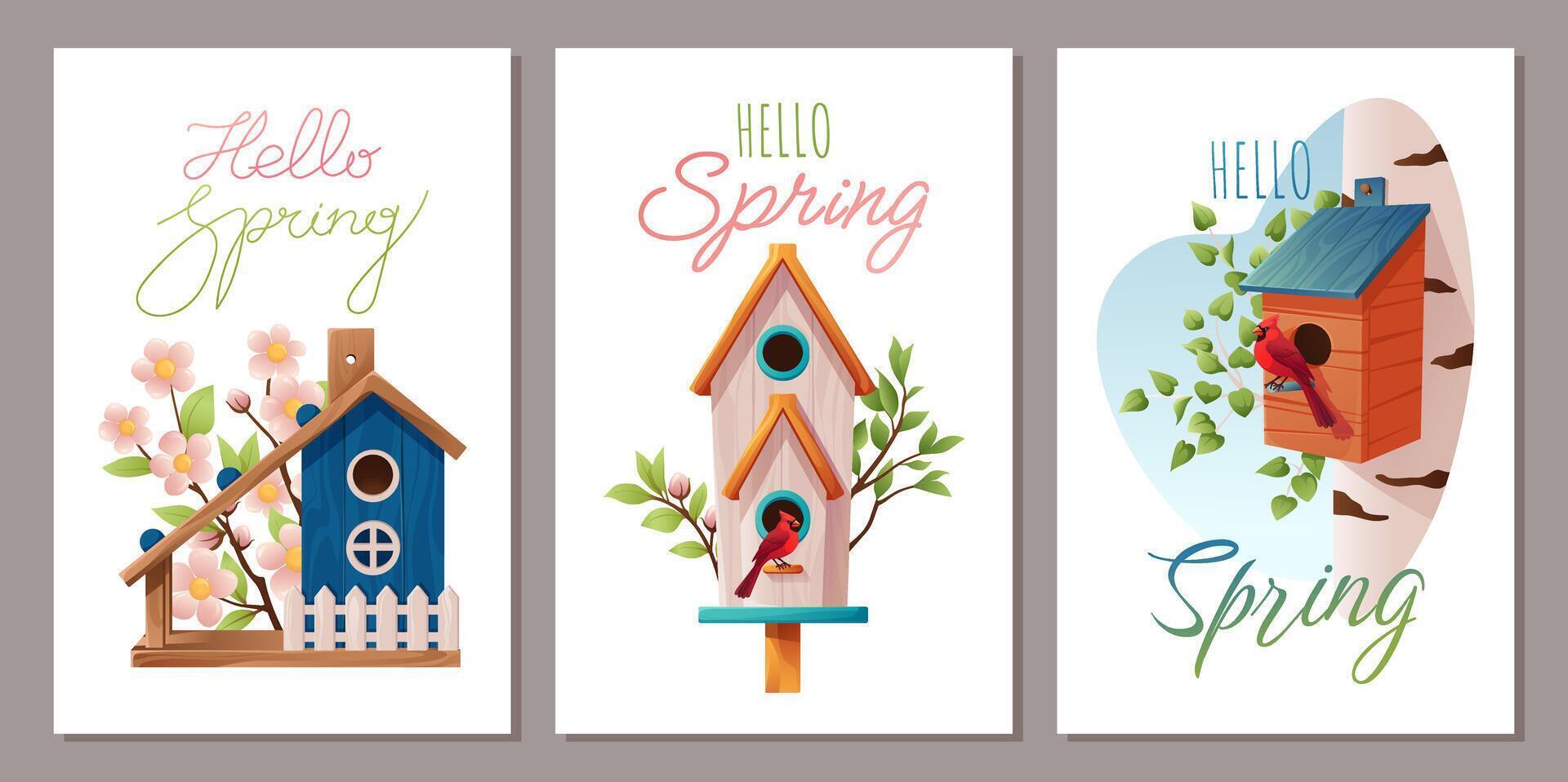 Hello Spring cards set. Spring season backgrounds with bird houses, blossom, and bird. Springtime illustration designs for card, poster, banner, flyer, tag, social media, promotion, badge. vector
