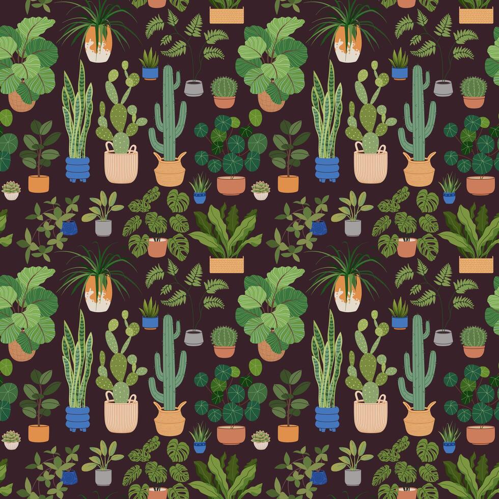 Seamless pattern of potted houseplants. Seamless botanical pattern with colorful home plants, cacti and tropical foliage, on a dark background. Perfect for wrapping paper, textile, product design. vector