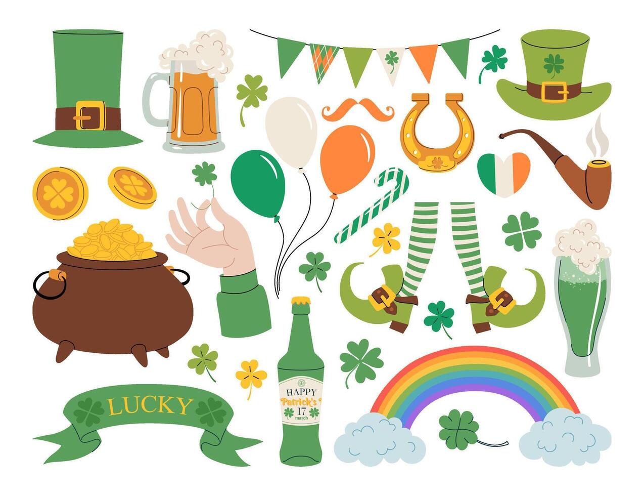St. Patrick's Day elements set. Patrick's Day luck symbols in green palette. Leprechaun hats, coins, four-leaf clovers, glasses of beer, pots with gold, rainbow, horseshoes. Flat illustration. vector