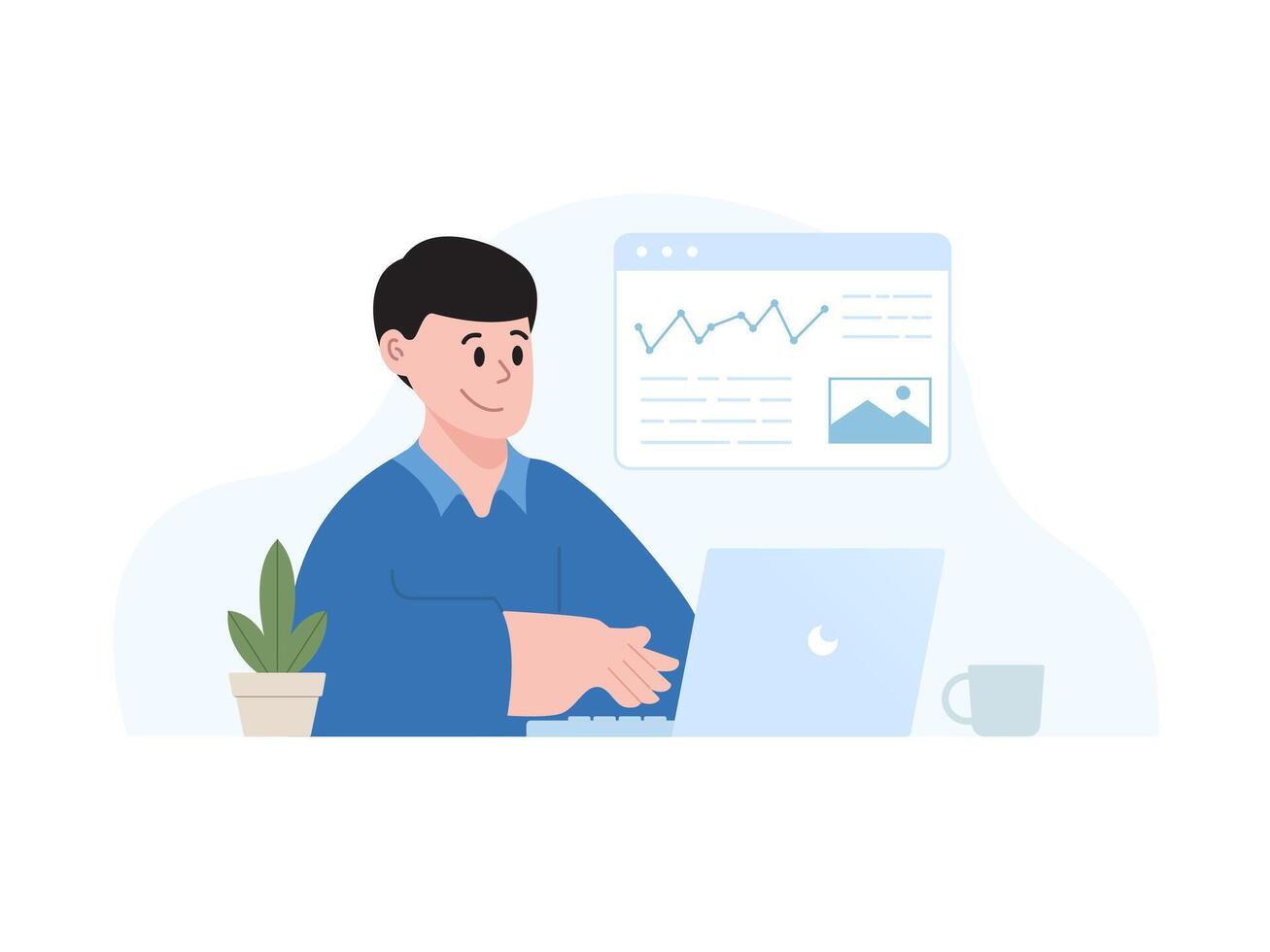 Illustration of a person with a laptop. businessman flat design. digital marketing illustration. web designer. modern minimalist design vector