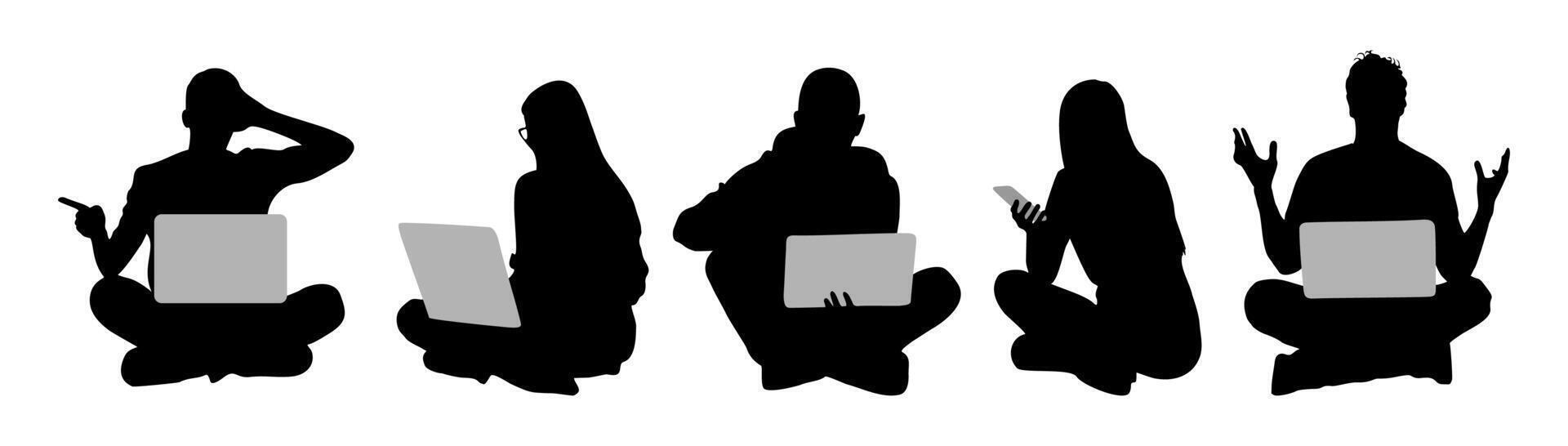 Silhouettes group of people sitting with laptop vector