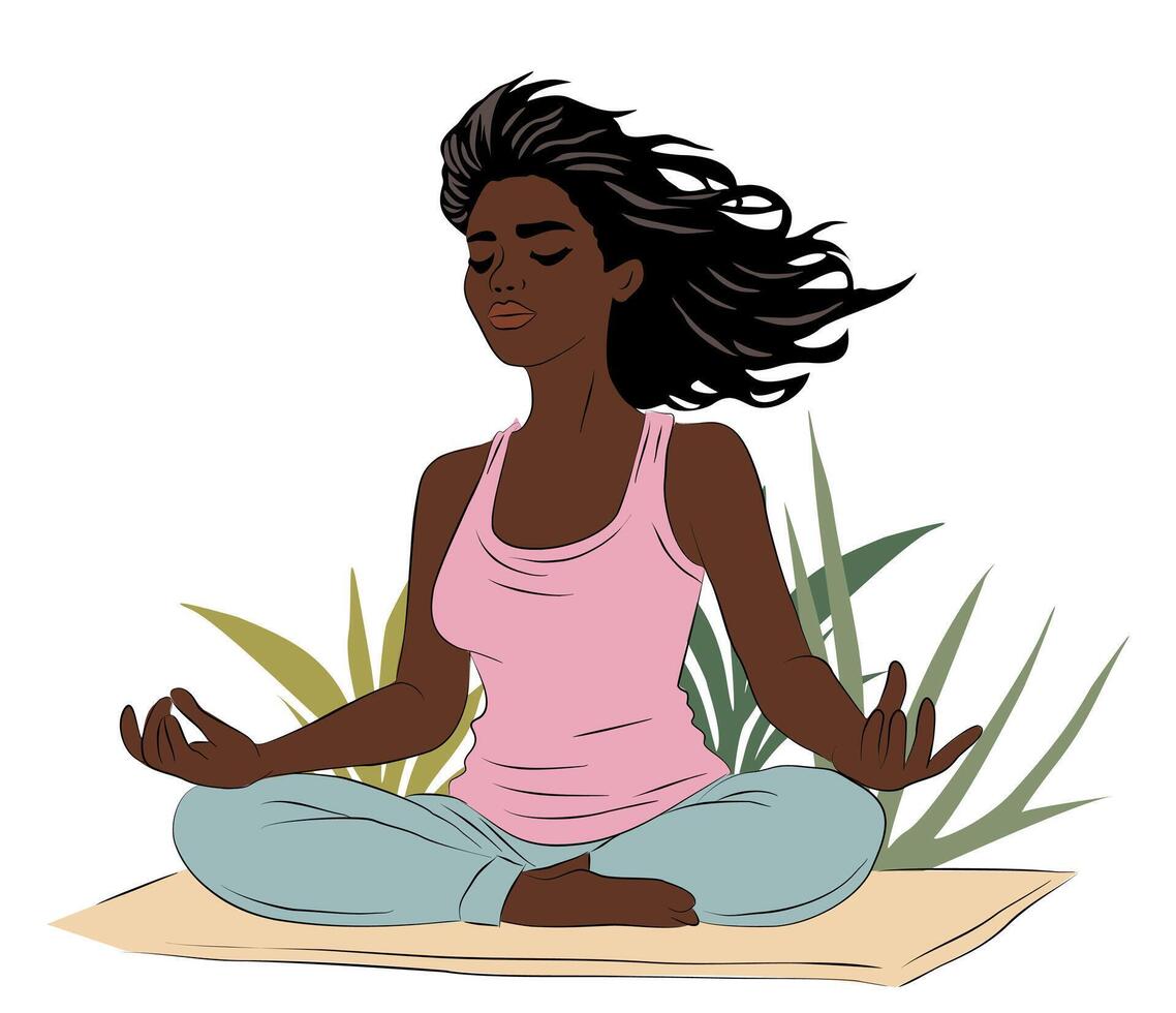 Black woman is sitting on a mat and meditating vector