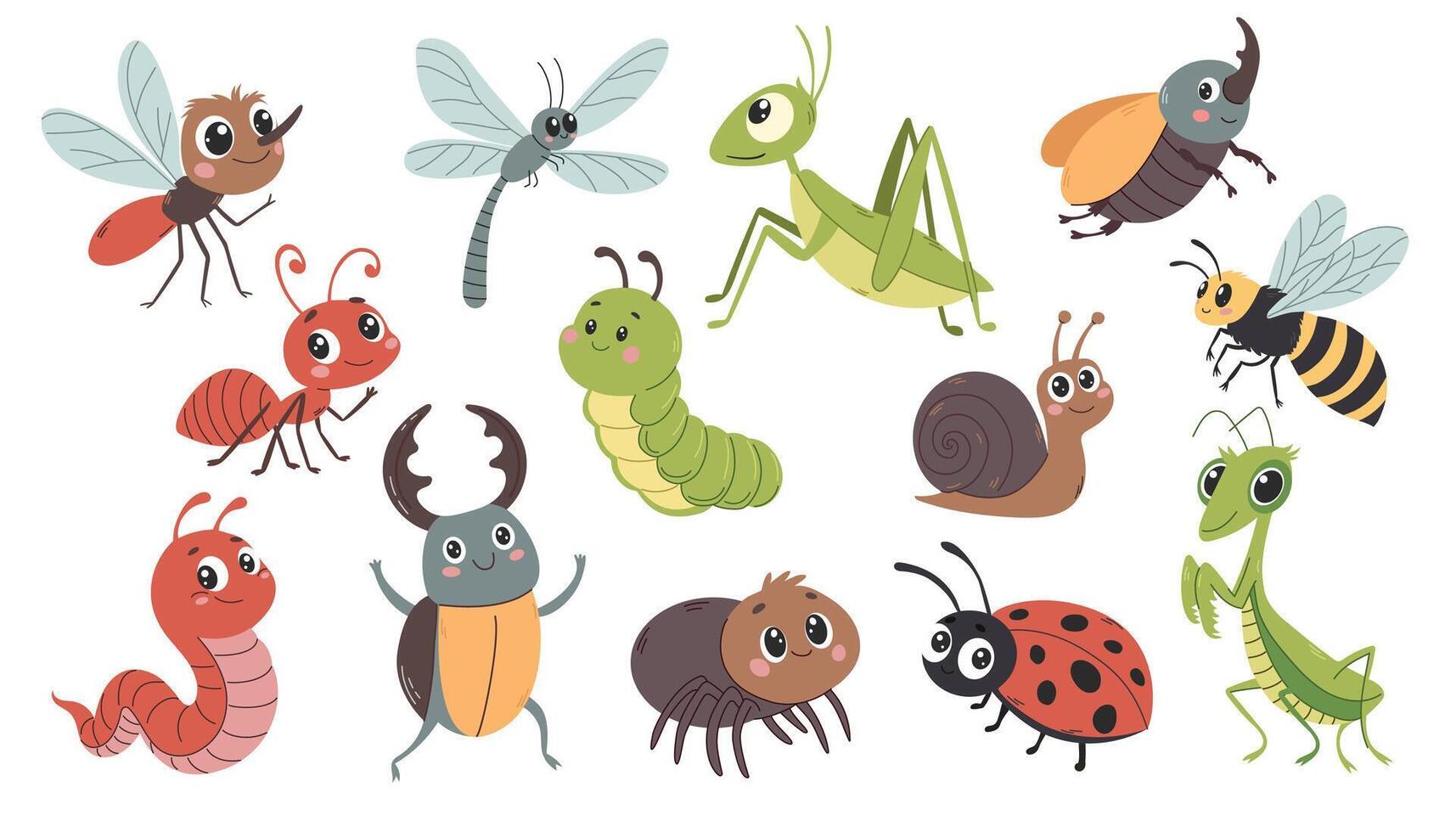 Cute bugs and insects cartoon characters. Happy insects in kids style.Mantis, mosquito, spider, caterpillar, worm, ladybug, snail, dragonfly, bee. vector