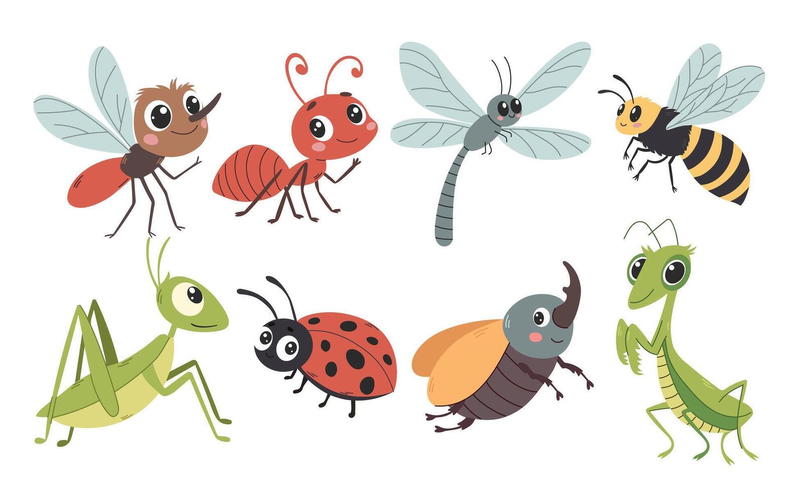 Cute bugs and insects cartoon characters. Happy insects in kids style.Mantis, mosquito, spider, caterpillar, worm, ladybug, snail, dragonfly, bee. illustration vector