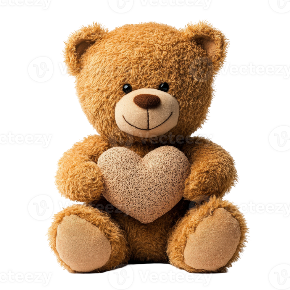 Adorable teddy bear with soft fur holding a heart shaped plush in its paws, symbolizing love and comfort for children png