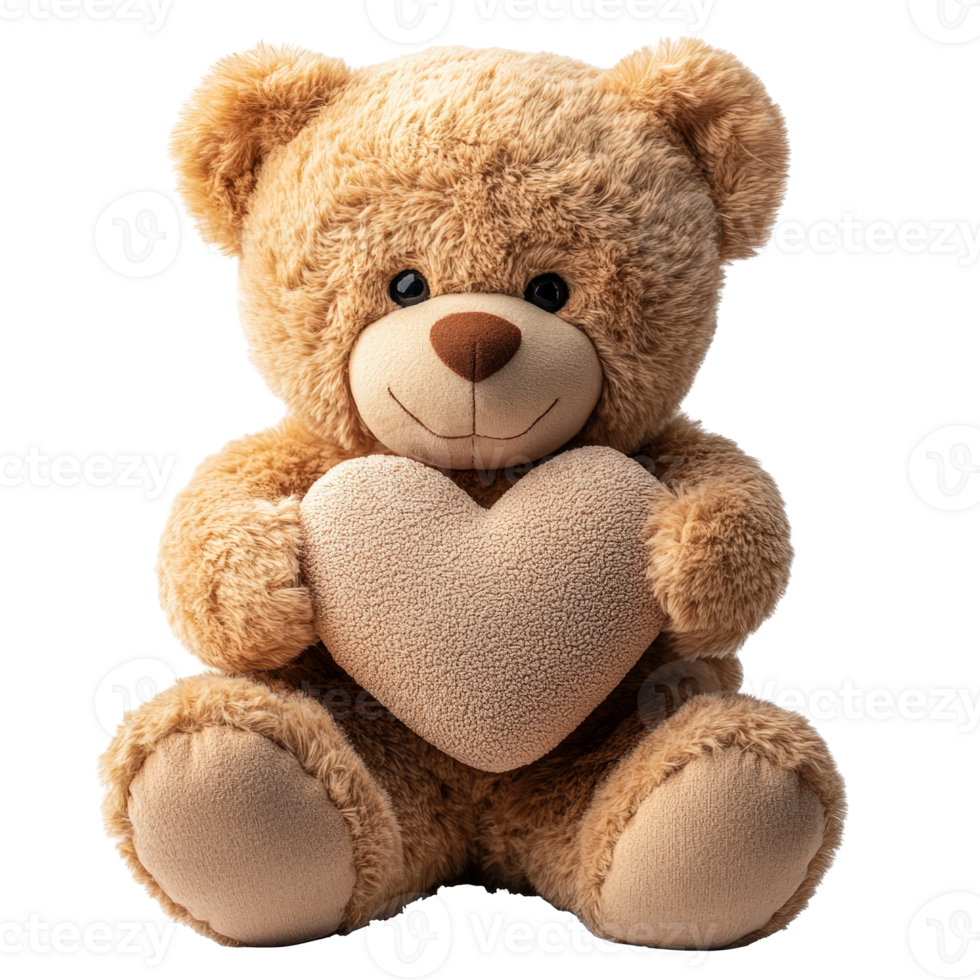Adorable and Soft Teddy Bear Holding a Heart Shaped Pillow in a Warm Embrace Perfect for Gifts and Decor png