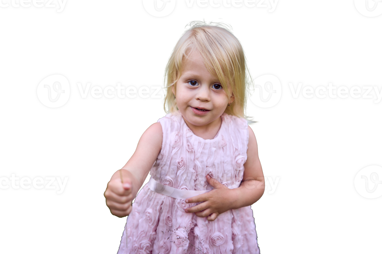 a little girl holds out a bouquet of field herbs , isolated, png