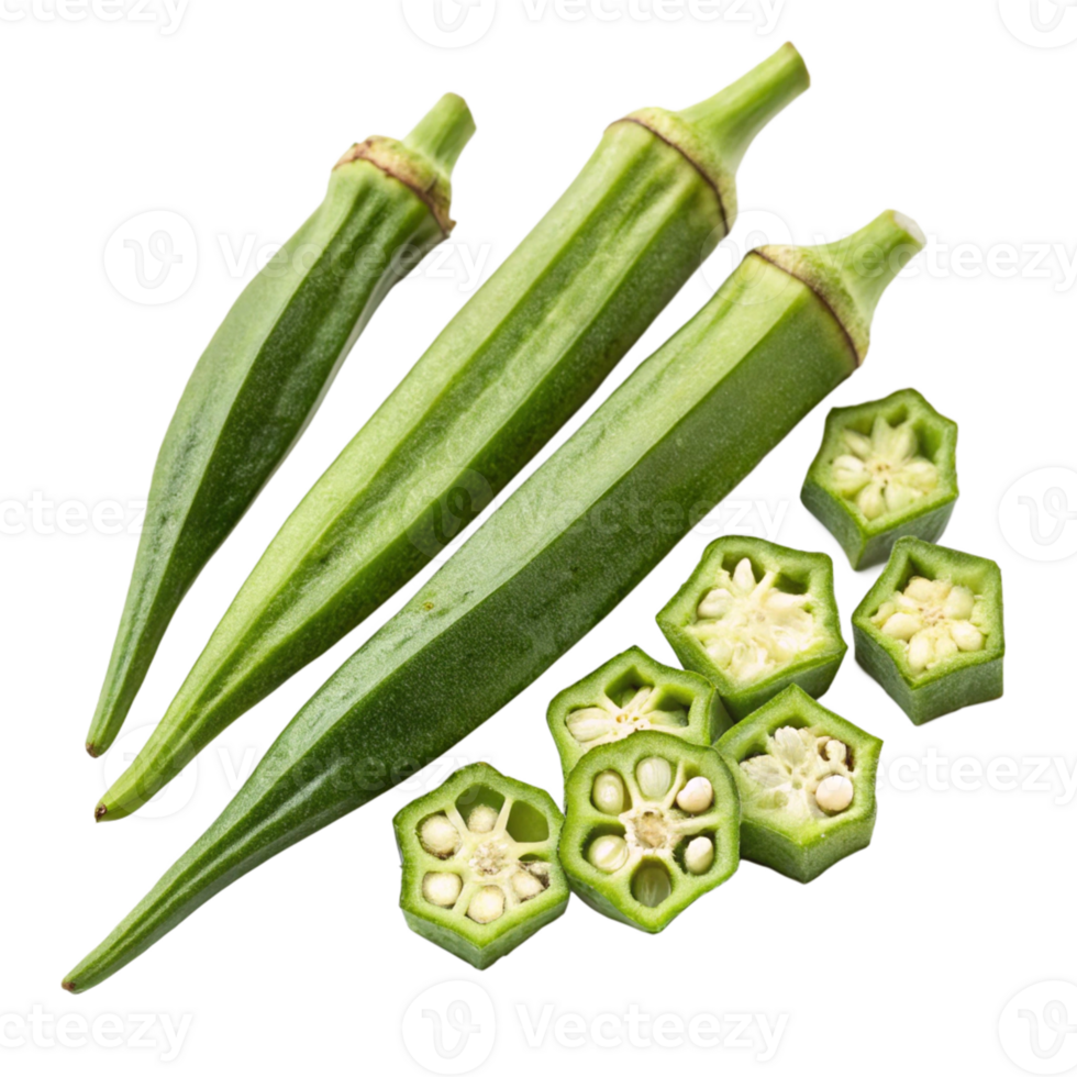 Beautifully Cut Okra Rings Displayed Next to Whole Pods png
