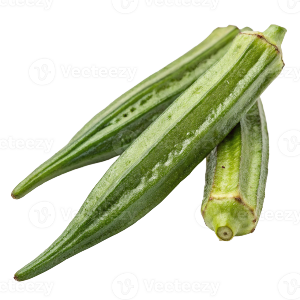 Three Vibrant Green Okra Pods with Unique Shape and Texture png