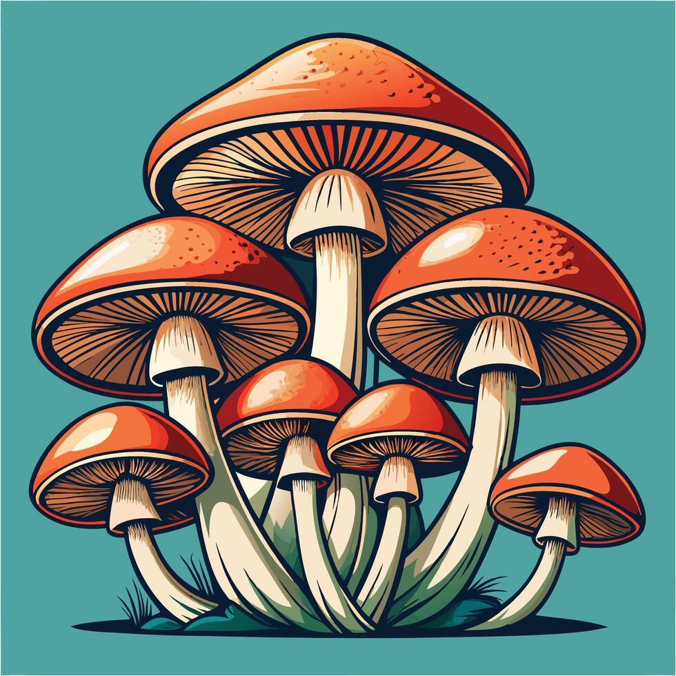 Mushroom Line Drawing with Nature Elements vector