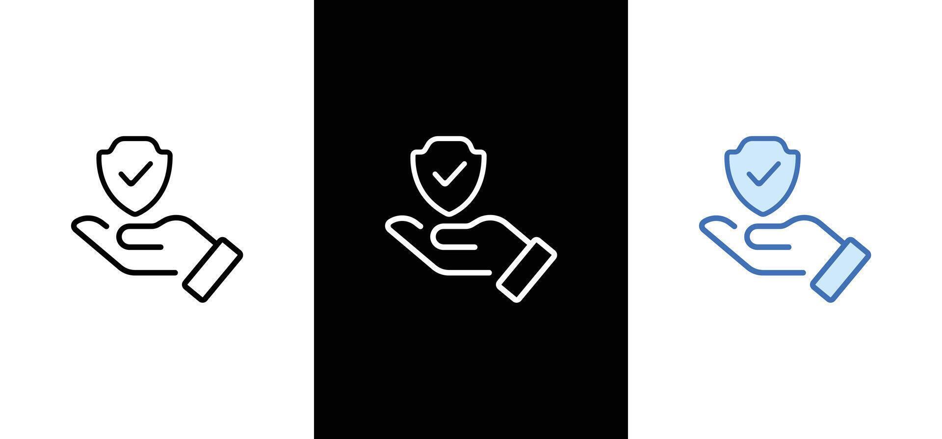 Insurance hand line and flat icon set. Shield with checkmark on hand symbol. vector