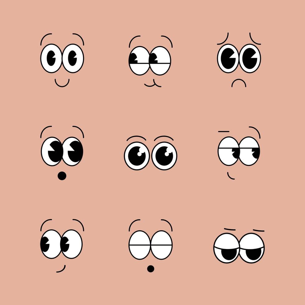Cartoon faces. Expressive eyes and mouth, smiling, crying and surprised character face expressions. Caricature comic emotions or emoticon doodle. Isolated illustration icons set vector