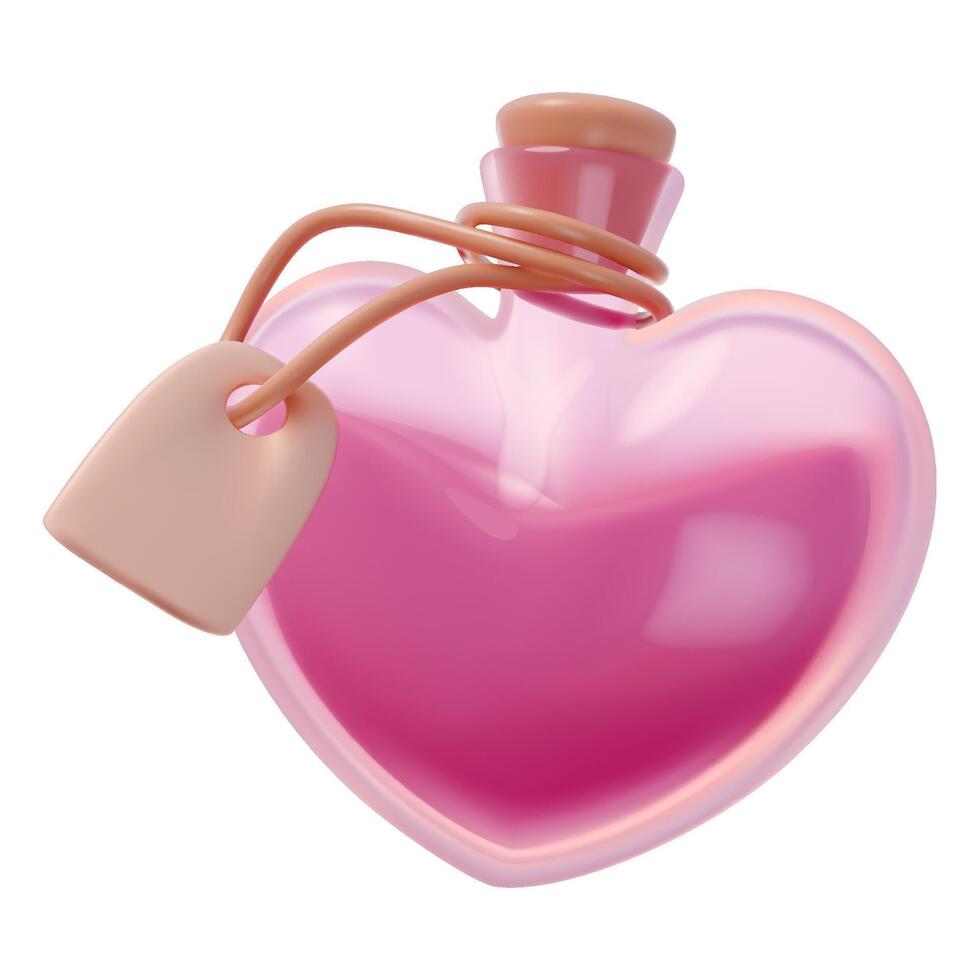 3D Love Potion with Label and Pink Liquid. Love symbol, romantic concept. Realistic illustration. 3D rendering icon vector