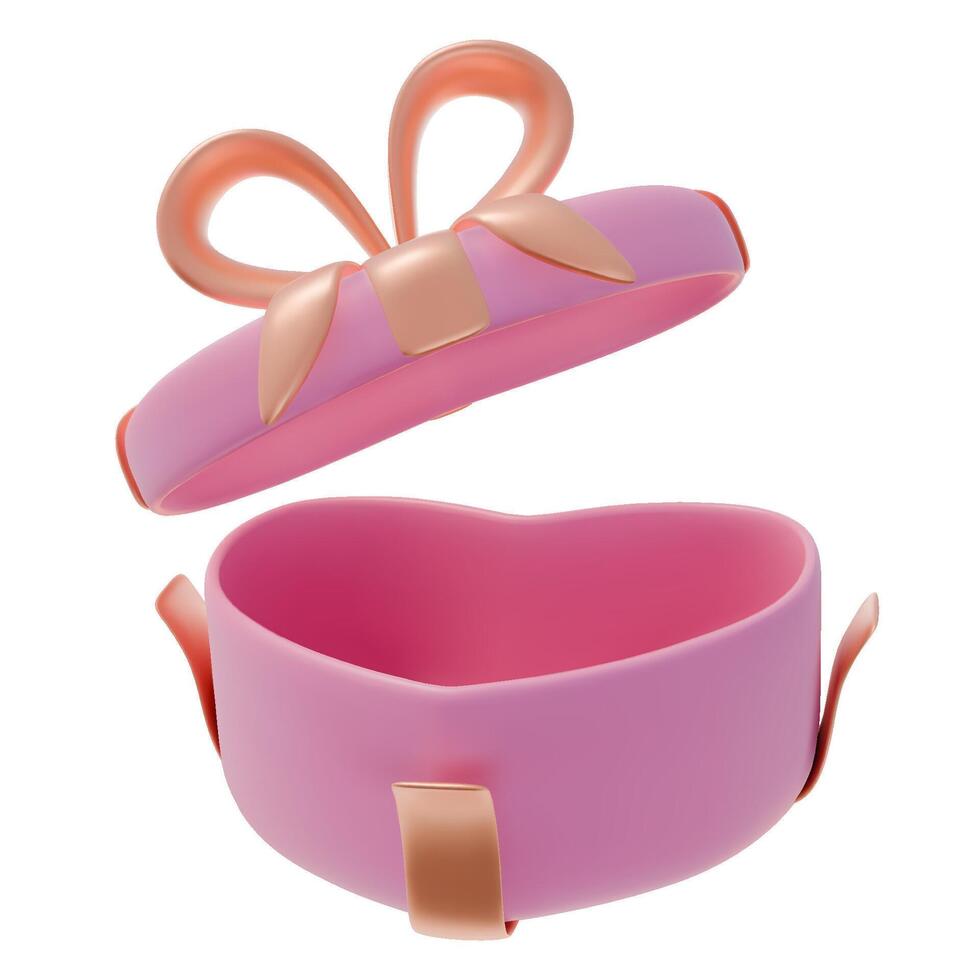 3D Open Pink Heart shaped Gift Box with Golden Ribbons. Realistic illustration. 3D rendering icon vector