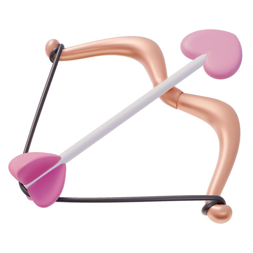 3D golden cupid bow and love arrow with heart. Love symbol. Realistic illustration. 3D rendering icon vector