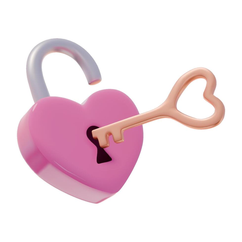 3D Pink Heart Shaped Padlock and Golden Key. Love symbol, romantic concept. Realistic illustration. 3D rendering icon vector