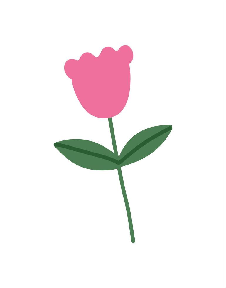 Trendy spring flower doodle style. Flat simple childish pink rose for card, print, banner, poster, template. Cartoon illustration for children. Hand drawn illustration isolated on white background. vector