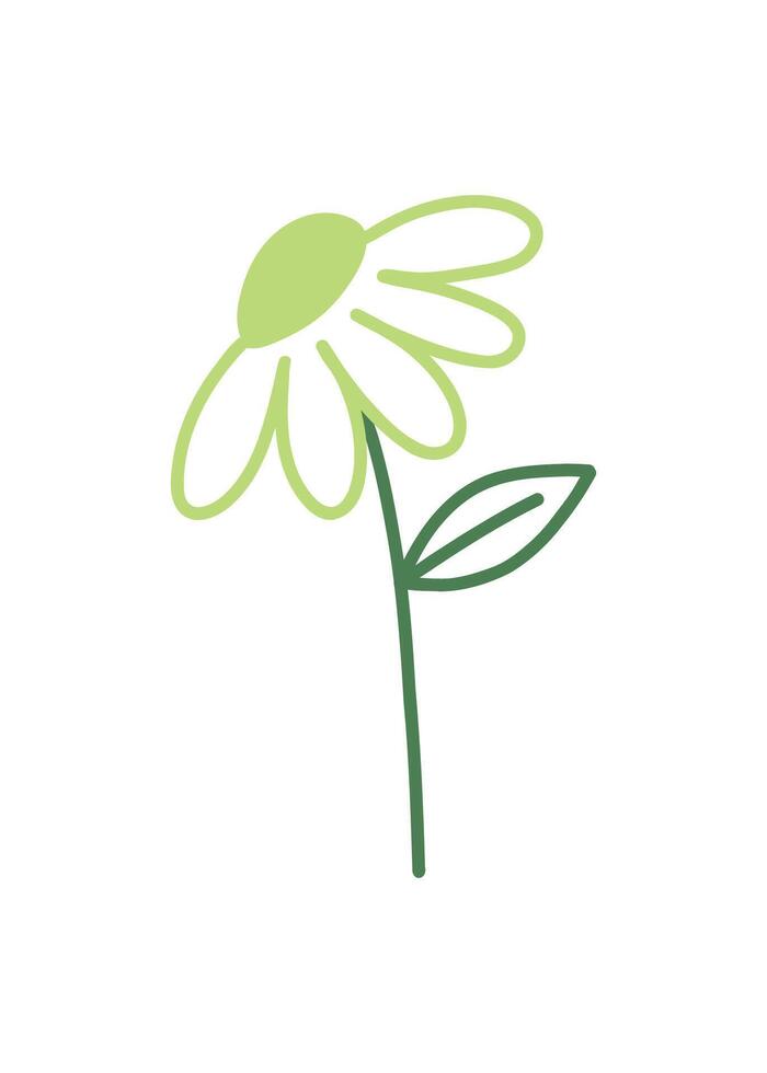 Trendy spring flower outline doodle. Simple childish green daisy for card, print, banner, poster, template. Cartoon illustration for children. Hand drawn illustration isolated on white background. vector