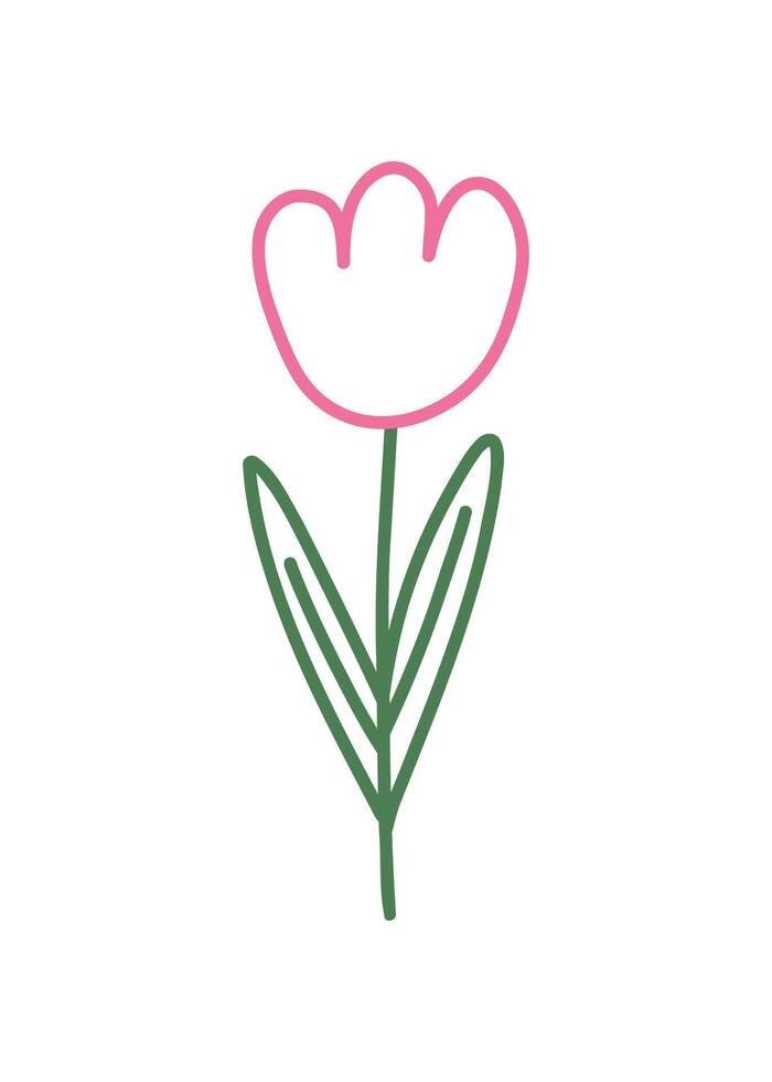 Trendy spring flower outline doodle. Simple childish pink tulip for card, print, banner, poster, template. Cartoon illustration for children. Hand drawn illustration isolated on white background. vector