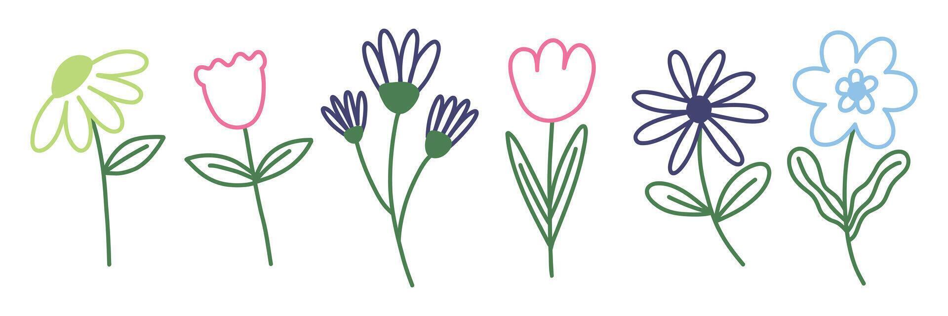 Trendy spring flower outline doodle set. Simple childish flowers for card, print, banner, poster, template. Cartoon illustration for children. Hand drawn illustration isolated on white background. vector