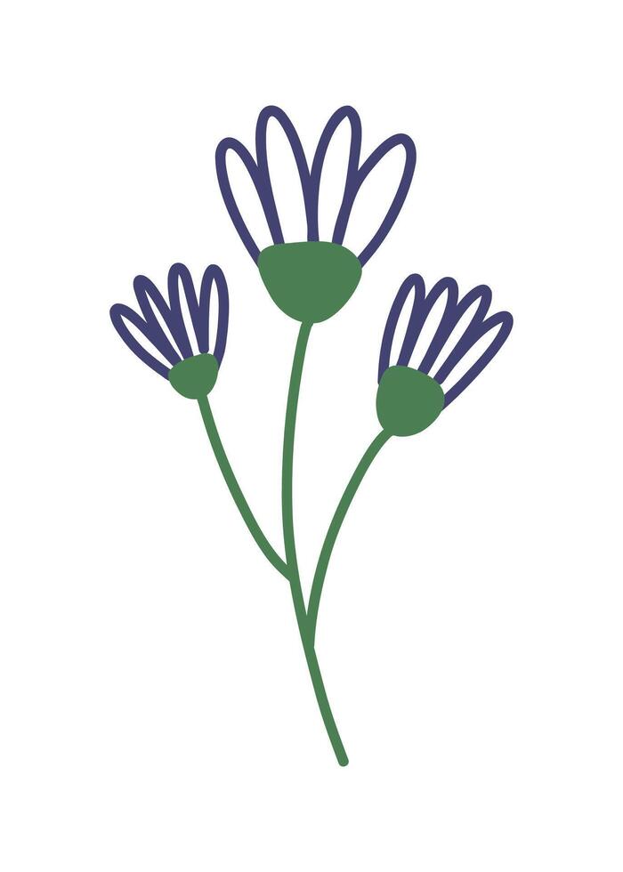 Trendy spring flower outline doodle. Simple childish purple daisy for card, print, banner, poster, template. Cartoon illustration for children. Hand drawn illustration isolated on white background. vector