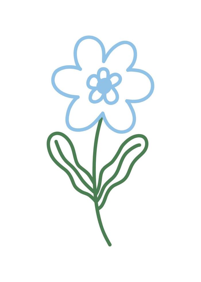 Trendy spring flower outline doodle. Simple childish blue daisy for card, print, banner, poster, template. Cartoon illustration for children. Hand drawn illustration isolated on white background. vector