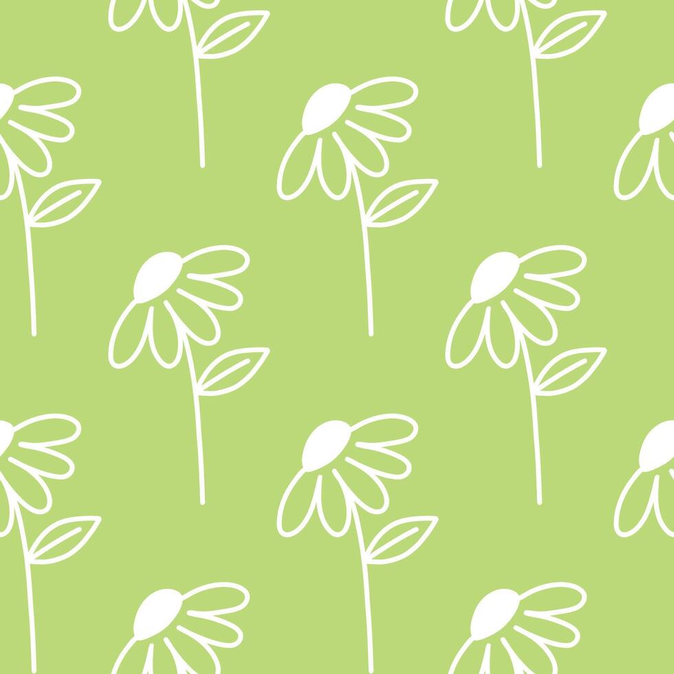 Trendy floral seamless pattern. Simple girly daisy. Spring white outline flower template for packaging, postcards, textile printing, wallpaper. Hand drawn illustration isolated on green background. vector