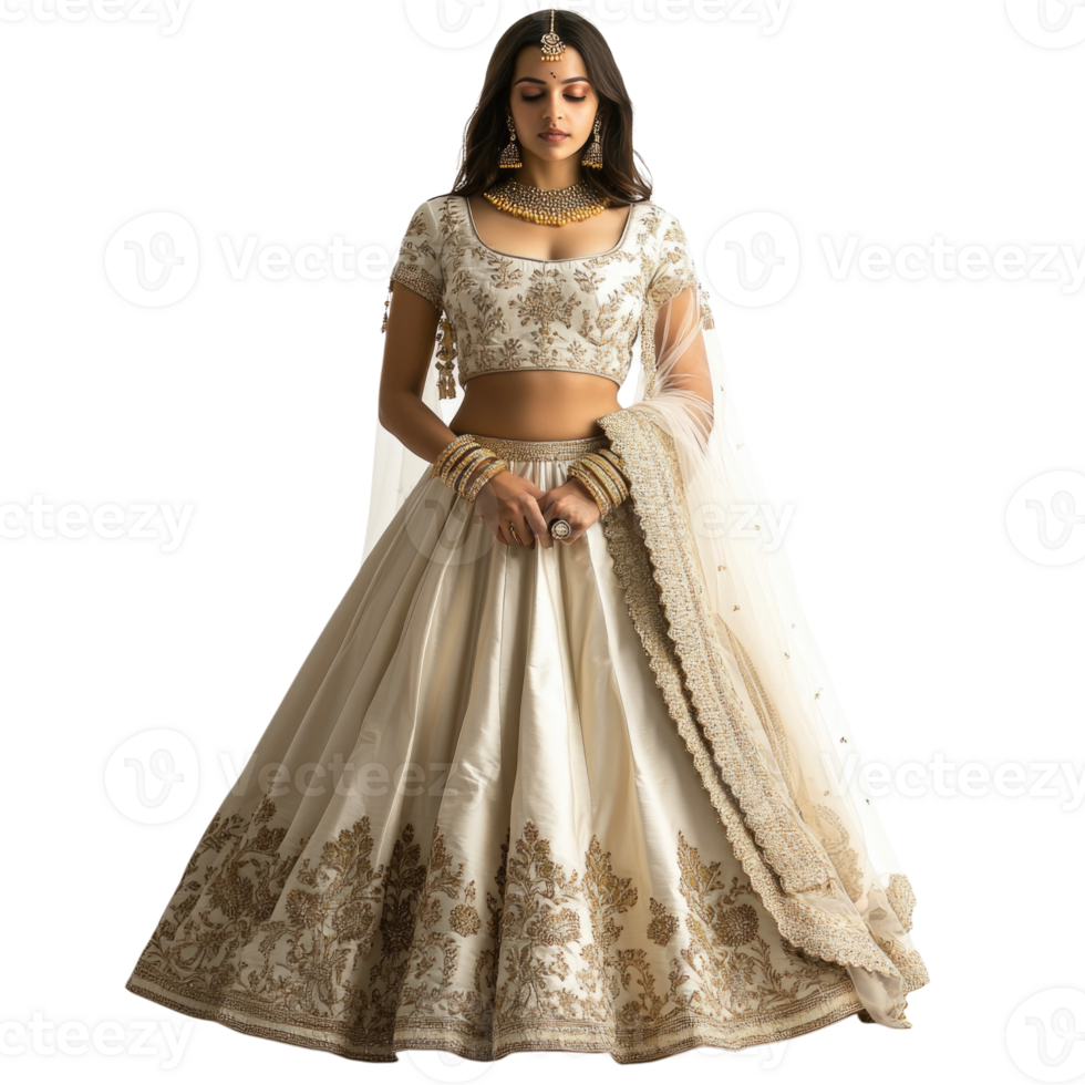 Elegant woman in traditional attire modeling a beautiful embroidered lehenga choli isolated on transparent background, png