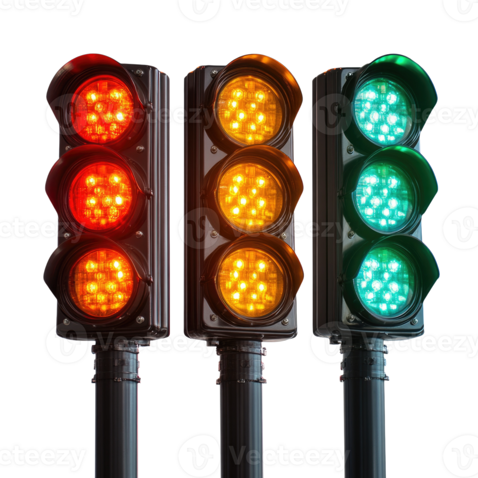 Three traffic lights displaying red, yellow, and green signals isolated on transparent background, png