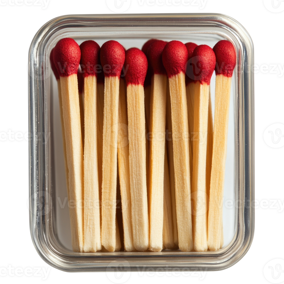 Red tipped matches arranged neatly in a glass container isolated on transparent background, png