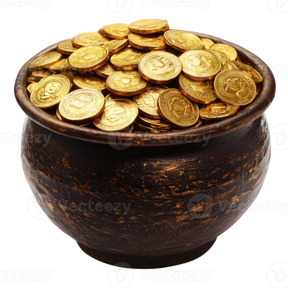 Golden coins overflowing from a rustic wooden bowl isolated on transparent background, png