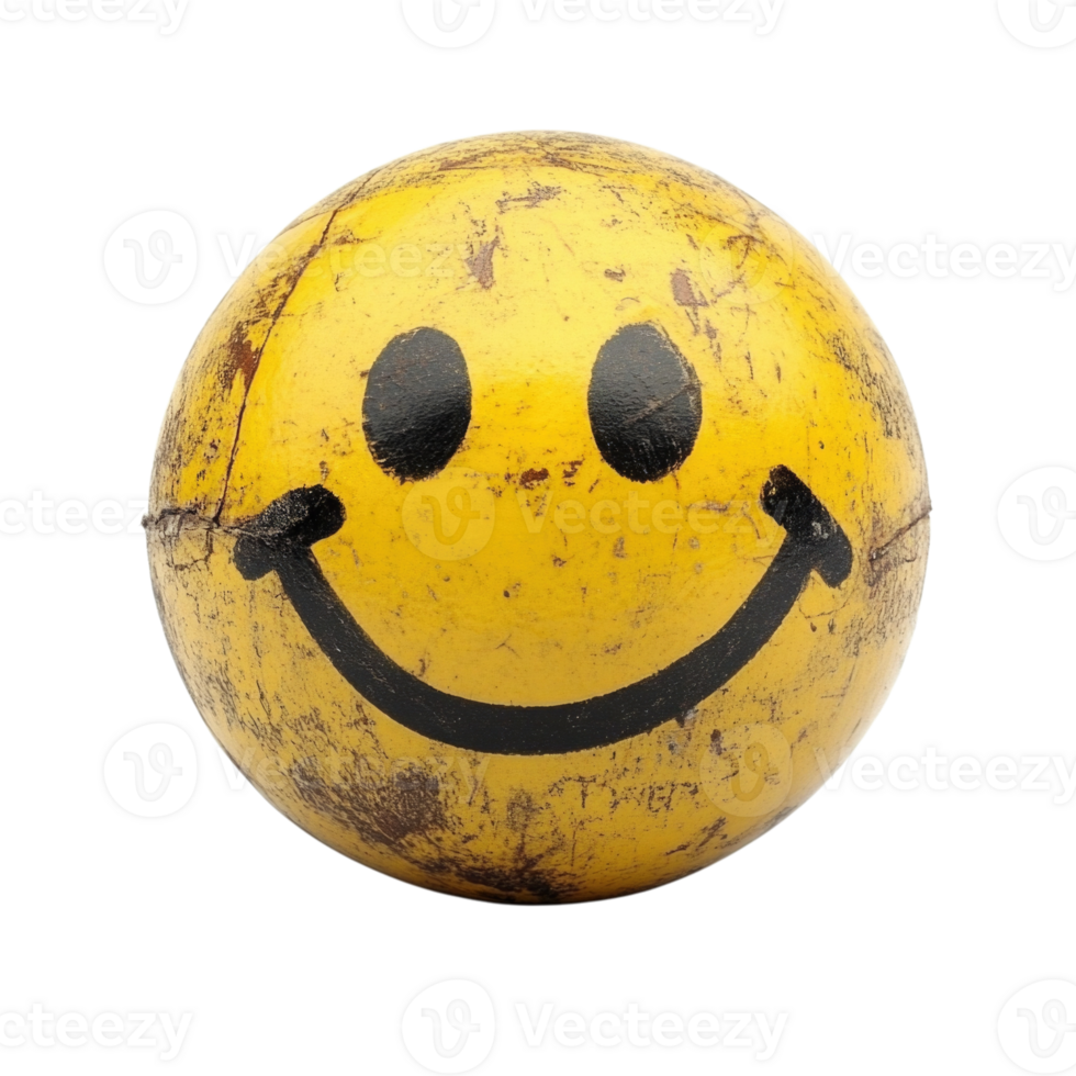 Smiling yellow ball with worn surface and black smile, isolated on transparent background, png