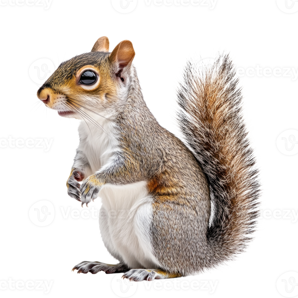 Squirrel standing upright with bushy tail isolated on transparent background, png
