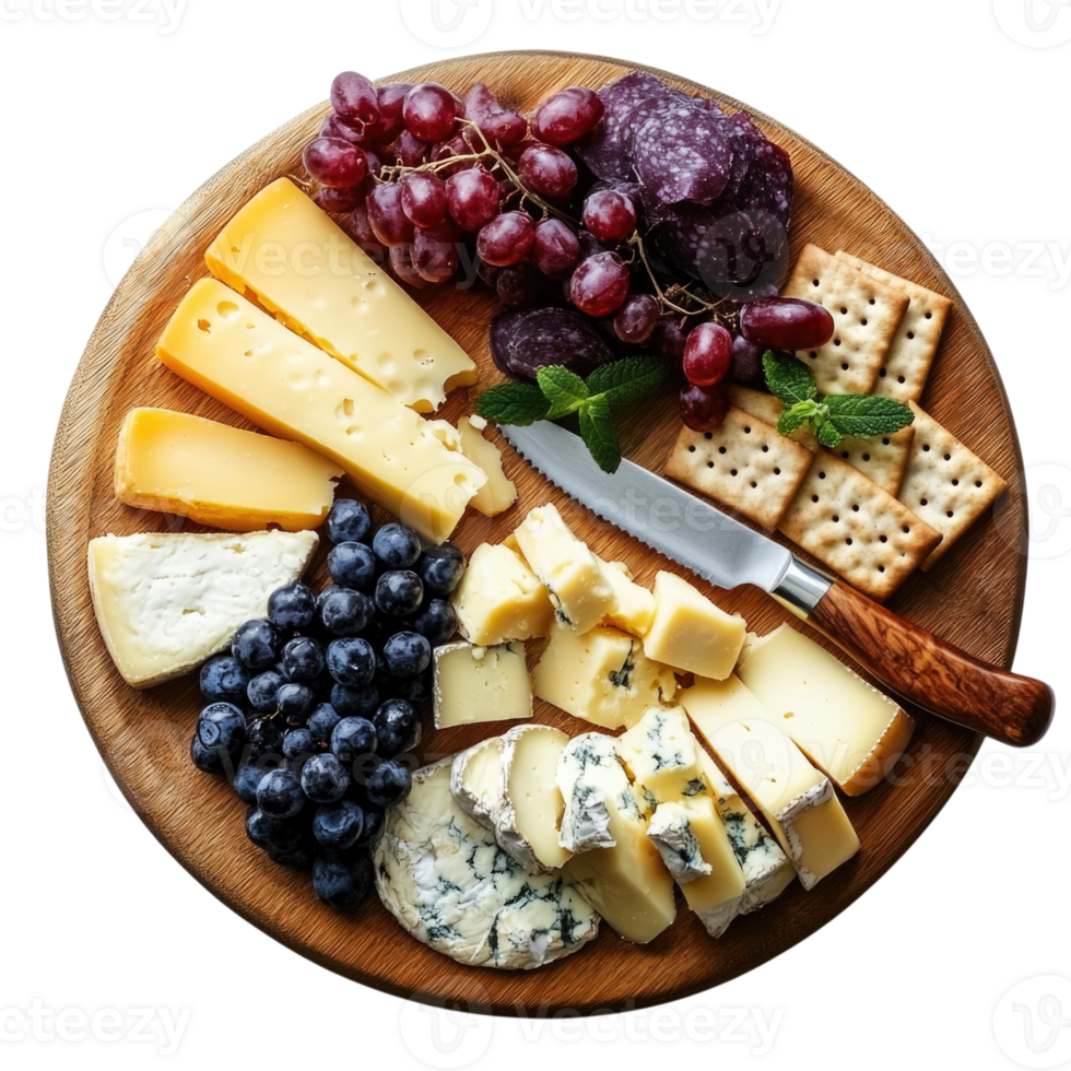 Cheese platter with assorted cheeses, grapes, and crackers isolated on transparent background, png