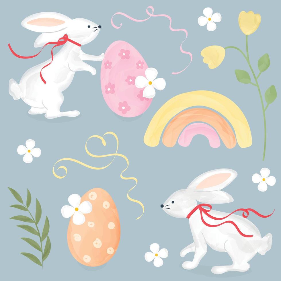 Easter Rabbit with Red Ribbon, Watercolor Illustration, Hand Drawn, Flowers, Cute, Bunny, Concept, Easter, Eggs, Rabbits, Rainbow vector