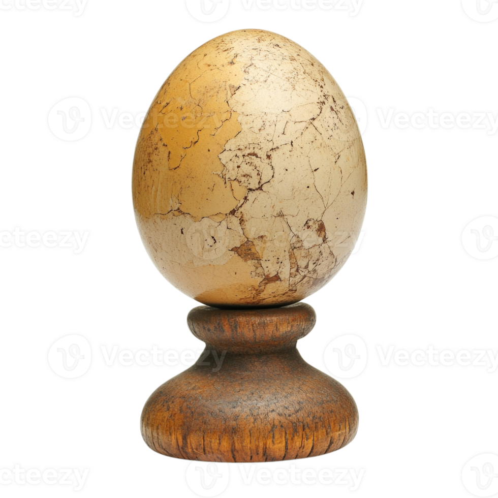 Decorative golden egg on wooden stand isolated on transparent background, png