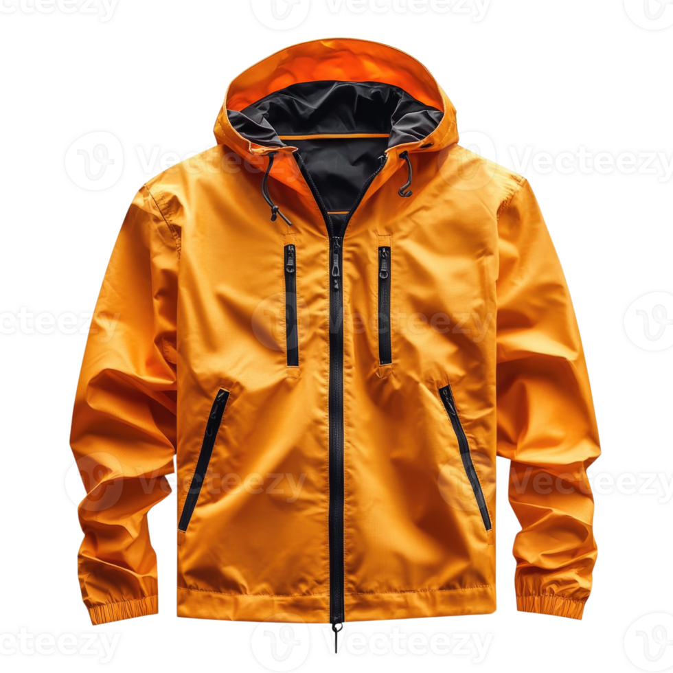 Bright orange jacket with black accents and adjustable hood isolated on transparent background, png