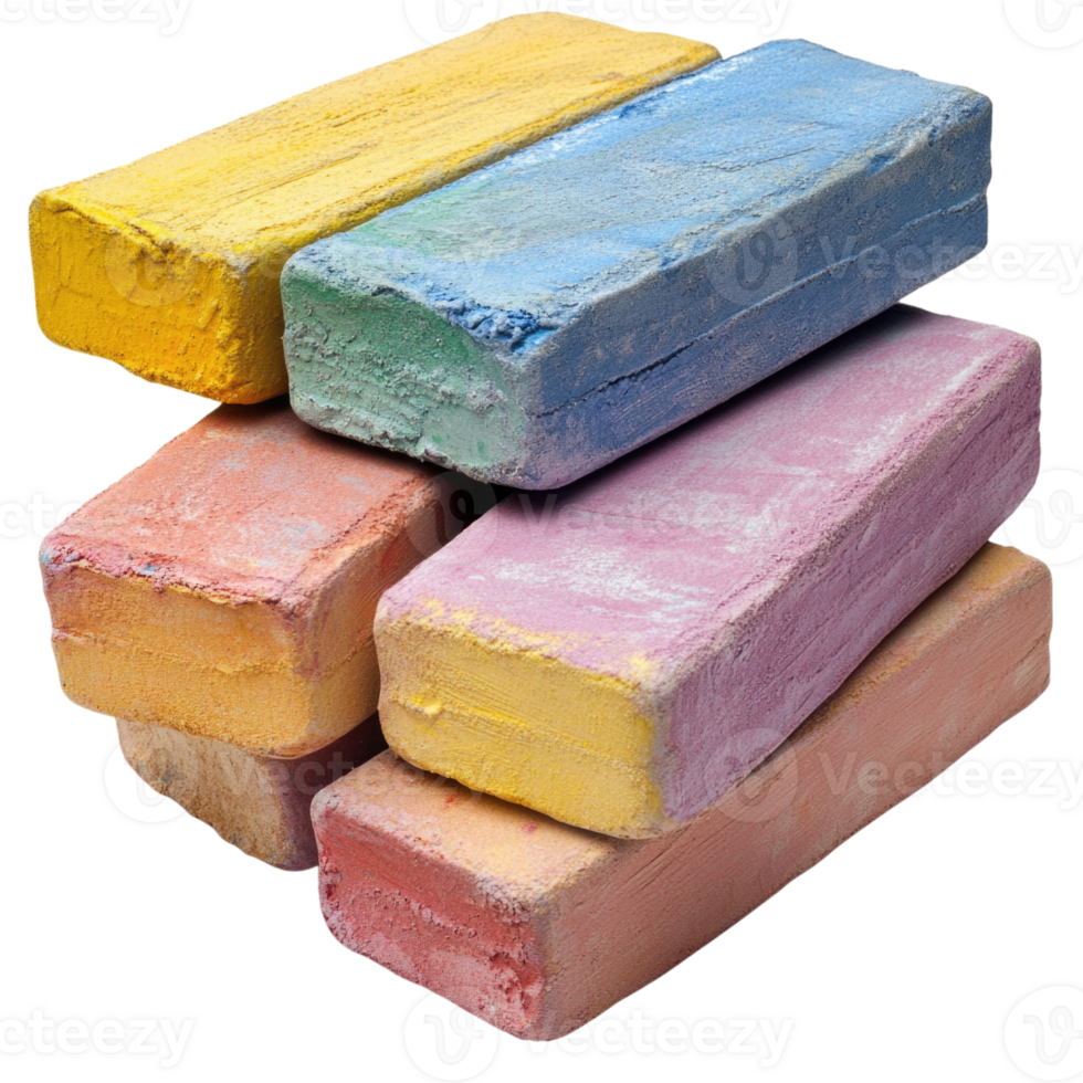 Colorful pieces of sidewalk chalk stacked on each other isolated on transparent background, png
