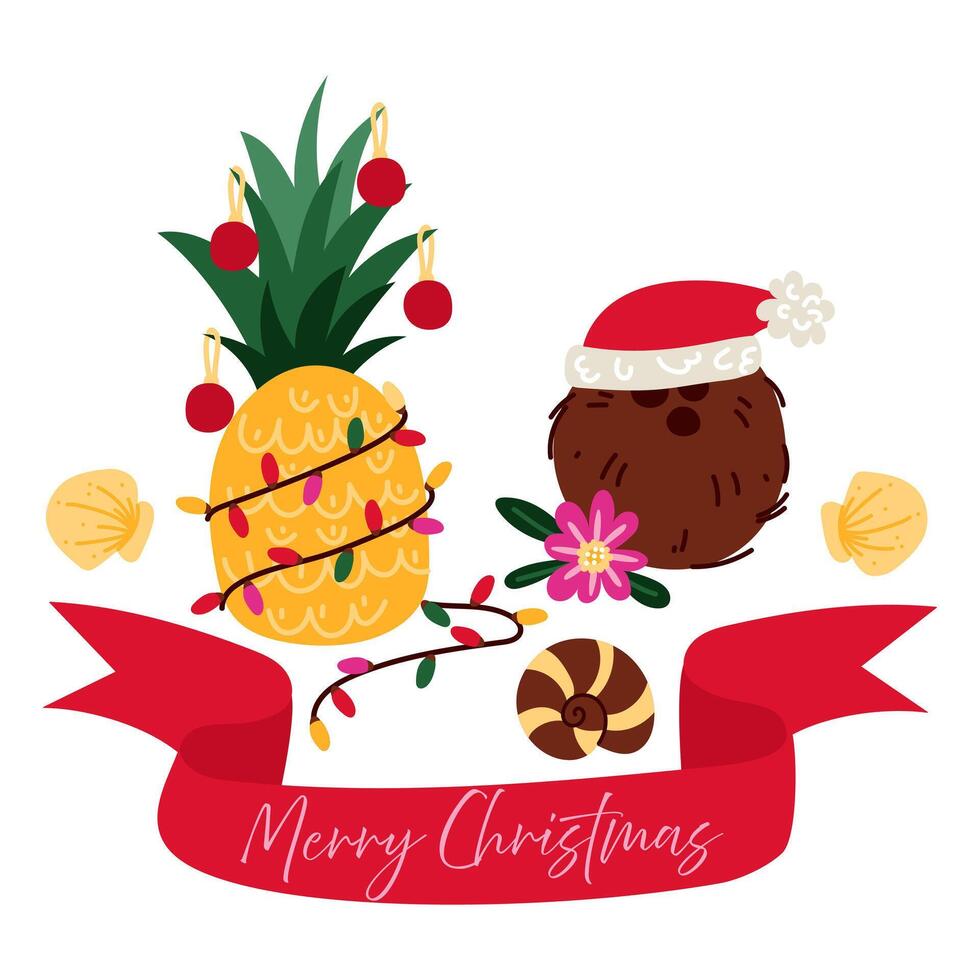 Pineapple is decorated with a garland, coconut with a Christmas hat, shells, ribbons and Christmas tree toys for a Set of Christmas and New Year. Tropical winter holidays. A group of items vector