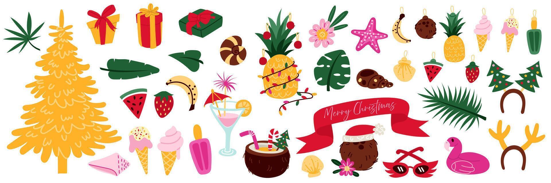 set of Tropical Christmas. Lots of elements. Gifts, fruits, an air mattress, ice cream in a flat style. An illustration for the design of a festive cover, a greeting card. Christmas and New Year. vector