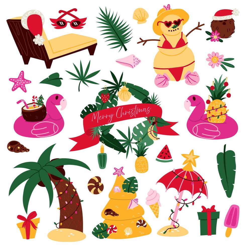 set of tropical Christmas. Palm tree, gifts, sand snowman, inflatable mattress, tropical wreath in a flat style. An illustration for a festive cover design, greeting card. Christmas and New Year. vector