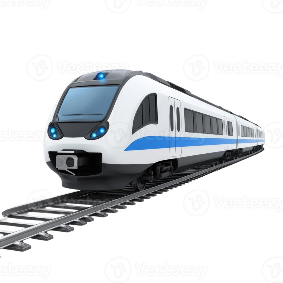 Modern high-speed train traveling on tracks in a bright environment isolated on transparent background, png