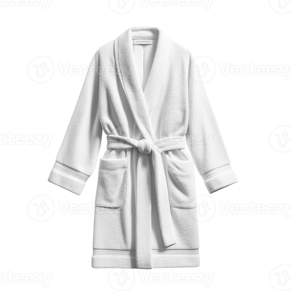 Soft white bathrobe with belt and pockets isolated on transparent background, png