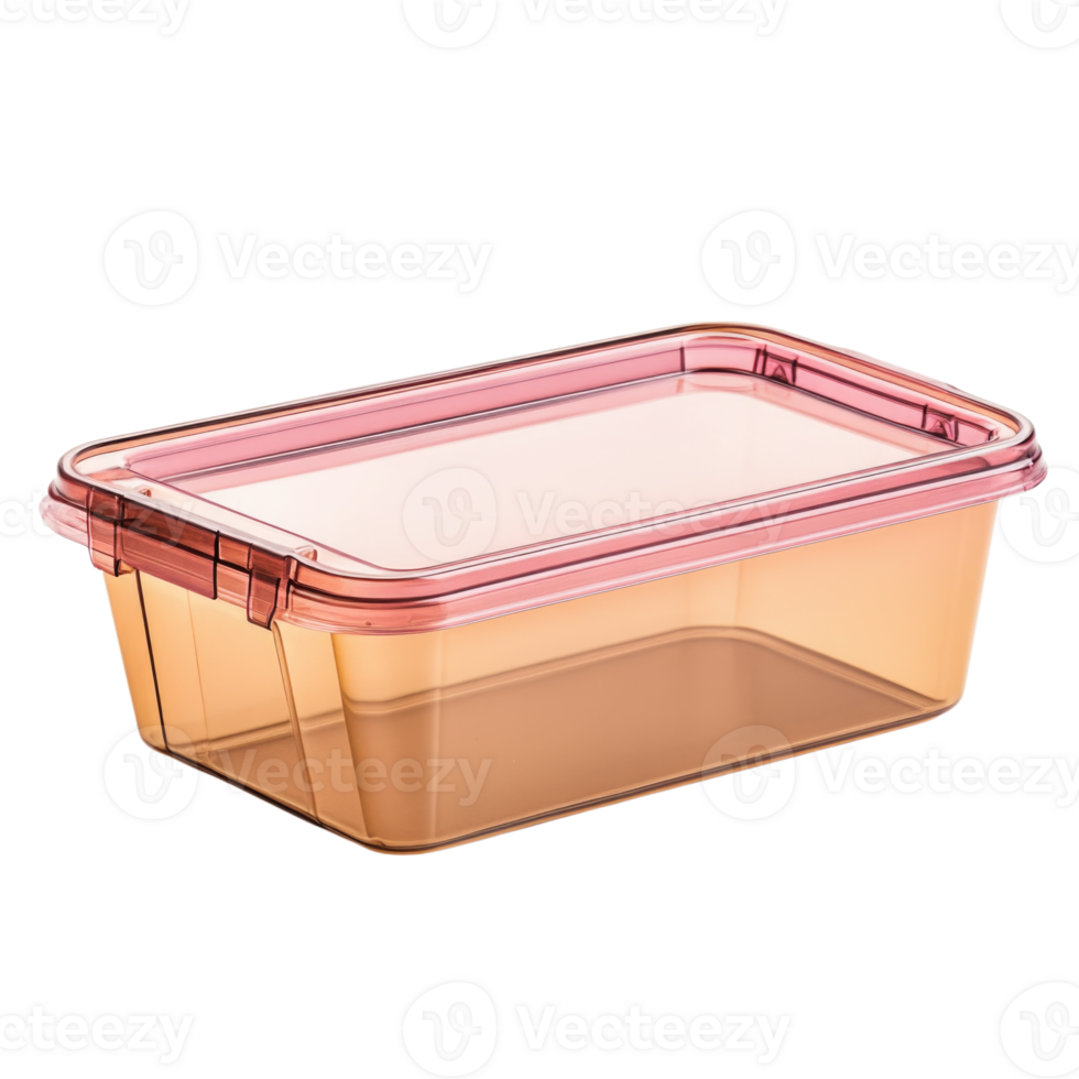 Clear plastic food storage container with pink lid isolated on transparent background, png