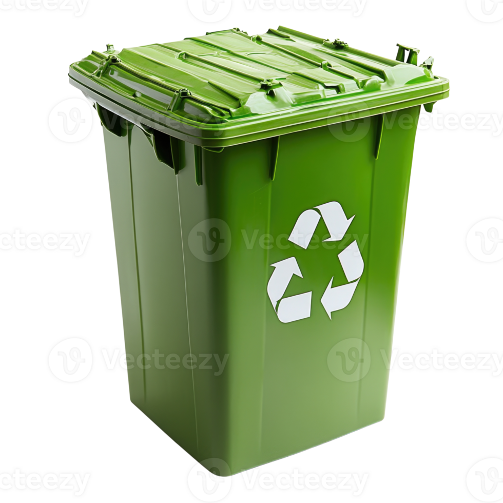 Green recycling bin for waste disposal located indoors isolated on transparent background, png