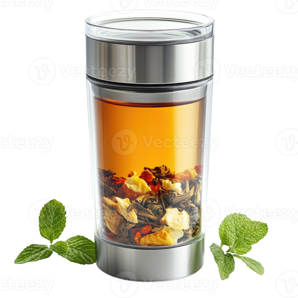 Herbal tea infusion in a glass tumbler with mint leaves isolated on transparent background, png