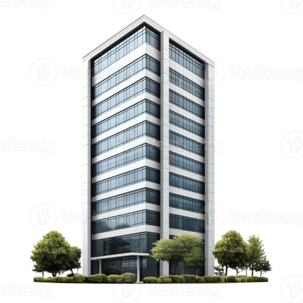 Modern office building with glass facade surrounded by trees isolated on transparent background, png